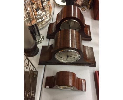 THREE VINTAGE NAPOLEONS HAT MANTLE CLOCKS, ALL WOODEN CASED, ONE WORKING AT TIME OF LOTTING UP 