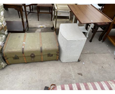 A TRAVELLING TRUNK, LLOYD LOOM OTTOMAN AND FOLDING BED TABLE 