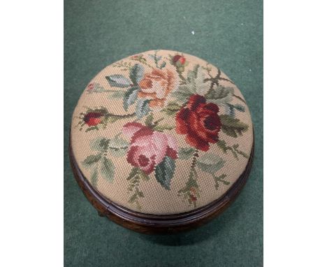A VICTORIAN CIRCULAR TAPESTRY FOOTSTOOL 