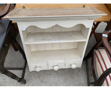 A VICTORIAN STYLE WALL SHELF ENCLOSING THREE DRAWERS AND SIX HOOKS, 28" WIDE 