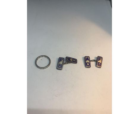 A PAIR OF MARKED SILVER CUFFLINKS AND A POSSIBLY SILVER RING 