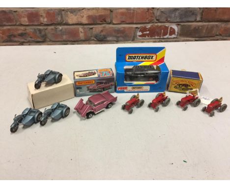 THREE BOXED AND SIX UNBOXED MATCHBOX VEHICLES - ALL MODEL NUMBER 4 OF VARIOUS ERAS AND COLOURS - INCLUDING 57 CHEVY, MASSEY H