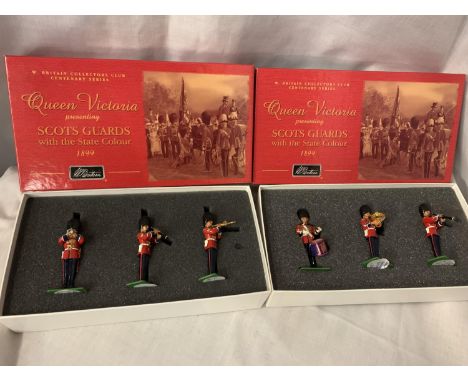 TWO BOXED BRITAINS SCOTS GUARDS WITH THE STATE COLOUR THREE PIECE MODEL SOLDIER SETS - NUMBER 40201 AND 40202 