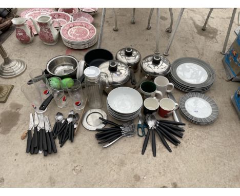 AN ASSORTMENT OF KITCHEN ITEMS TO INCLUDE PEPSI BRANDED GLASSES, STAINLESS STEEL PANS AND CERAMIC PLATES ETC 