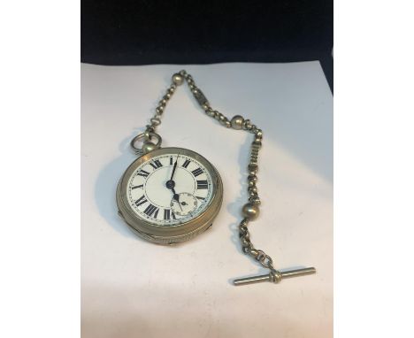 AN ANTIQUE WHITE METAL KEY WIND POCKET WATCH WITH ATTACHED FANCY LINK ALBERT CHAIN AND T BAR 