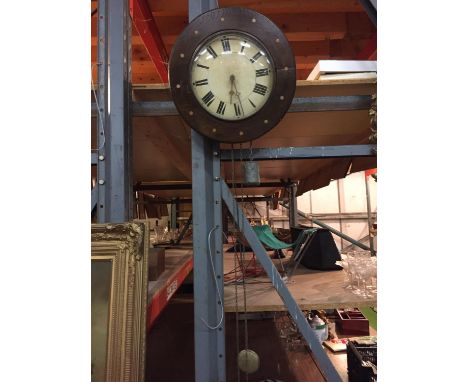 A MAHOGANY CASED WALL CLOCK WITH ROMAN NUMERALS, WEIGHTS, CHAIN AND PENDULUM 