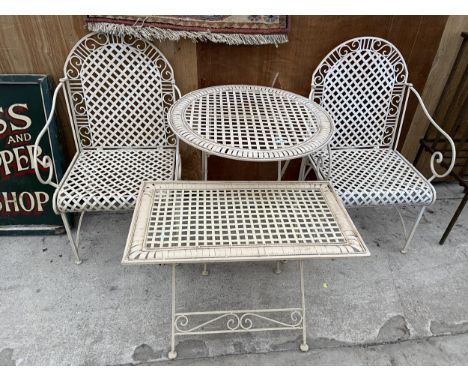 A VINTAGE METAL BISTRO SET TO INCLUDE ROUND TABLE, TWO CHAIRS AND A FURTHER SIDE TABLE 