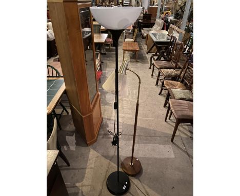 A MODERN UPLIGHTER AND RETRO TEAK READING LAMP BEARING ABARMAT RHANTUER, GOTENBORG LABEL 