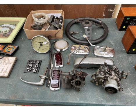 AN ASSORTMENT OF VINTAGE AUTOMOBILE SPARES TO INCLUDE LUCAS LIGHT COVER, A PEUGEOT BADGE AND TWO EAGLE SPIRIT MIRRORS ETC 