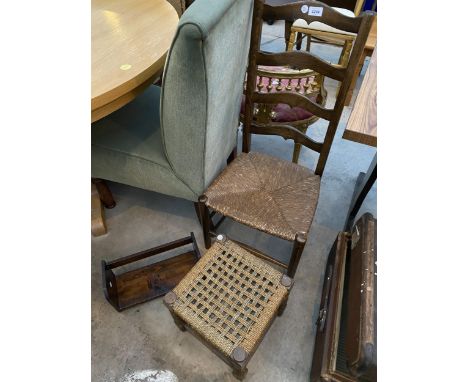 A RUSH SEATED LADDERBACK BEDROOM CHAIR, SMALL STOOL AND BOOK TROUGH 