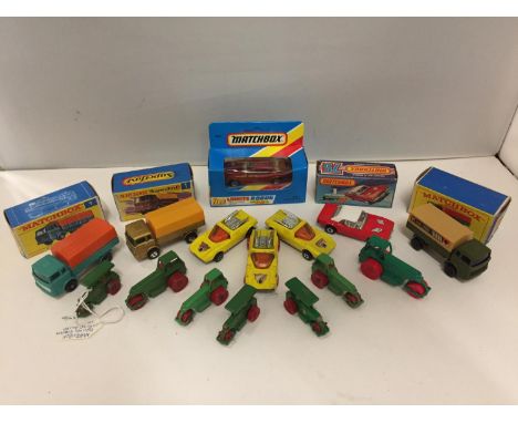 FIVE BOXED AND TEN UNBOXED MATCHBOX VEHICLES - ALL MODEL NUMBER 1 OF VARIOUS ERAS AND COLOURS - INCLUDING MERCEDES TRUCK. DOD