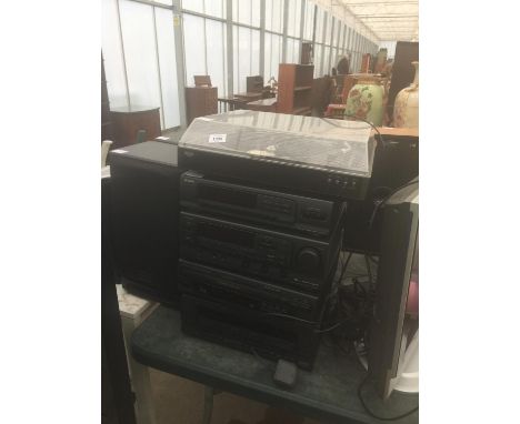 AN ASSORTMENT OF AIWA STEREO ITEMS TO INCLUDE TWO SPEAKERS AND A BUSH RECORD PLAYER 