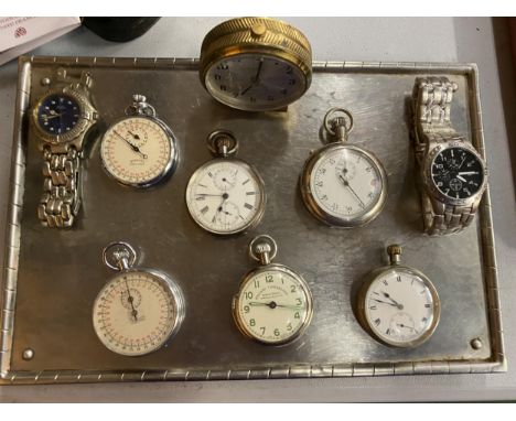 SIX POCKET WATCHES, TWO WRIST WATCHES AND A TRAVEL CLOCK ON A WHITE METAL TRAY 