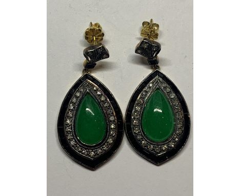 A PAIR OF ART DECO STYLE JADE ON BLACK ONYX EARRINGS WITH DIAMOND SURROUND AND YELLOW AND WHITE METAL 