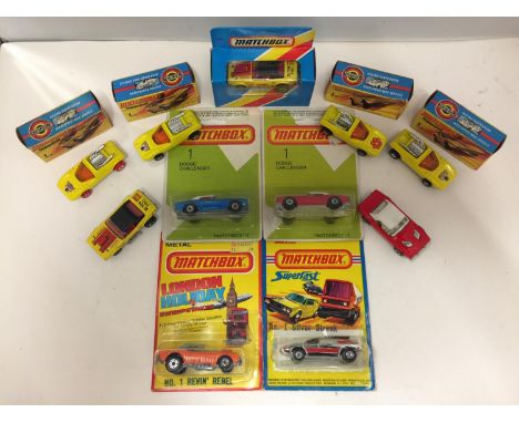 NINE BOXED AND TWO UNBOXED MATCHBOX VEHICLES - ALL MODEL NUMBER 1 OF VARIOUS ERAS AND COLOURS - INCLUDING DODGE CHALLENGER AN