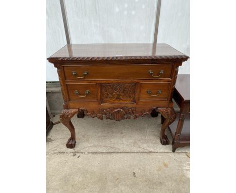 A CHIPPENDALE STYLE ROPE EDGE SIDE CHEST ON CABRIOLE LEGS WITH BALL AND CLAW FEET, 36" WIDE 