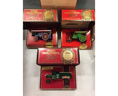 THREE BOXED MATCHBOX MODELS OF YESTERYEAR MODEL VEHICLES - STEAM ROLLER, LEYLAND WAGON AND SHOWMAN'S ENGINE 
