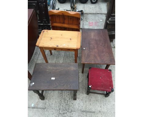 A GRANDMOTHER CLOCK, TWO TABLES, STOOL AND PINE WALL RACK 