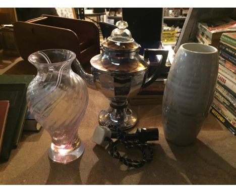 TWO VASES AND A SWAN STAINLESS STEEL ELECTRIC TEAPOT 