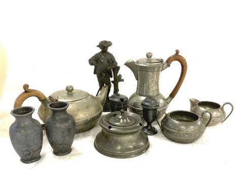 Selection of pewter ware includes figures, tea service etc 