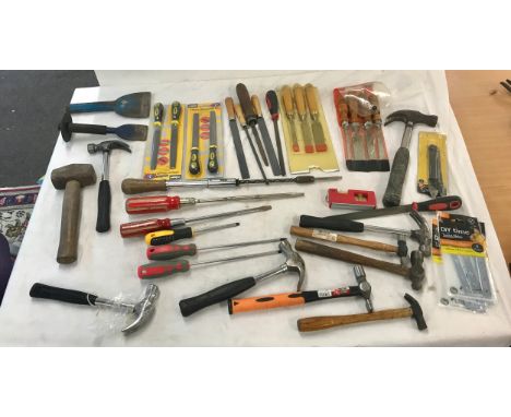 Selection of hand tools includes chisels, screwdrivers, bolsters 