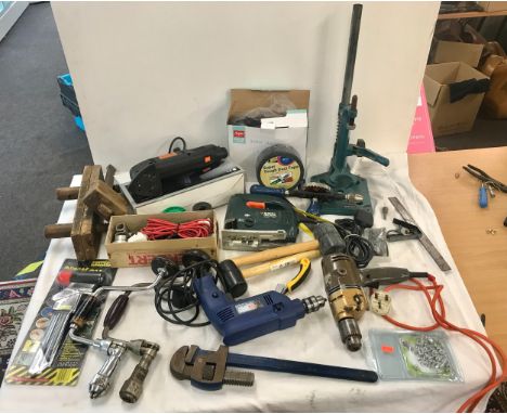 Large selecion of power tools includes drills, Jigsaws, drill stand etc 