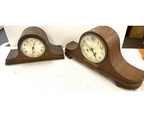 2 Oak nelson hat mantel clocks, both have keys and pendulum, one has broken clock face has been broken, untested 
