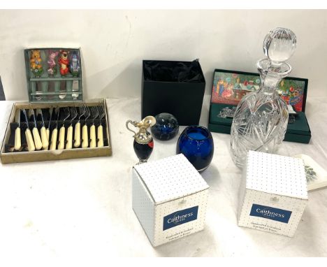 Selection of miscellaneous to include glass decanter, Caithness paperweights, cutlery etc 