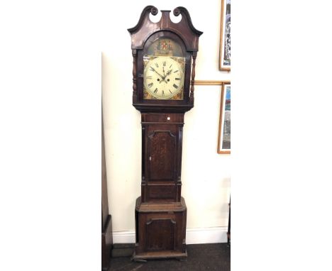 Arch dial painted face eight day grand father clock mahongy and oak 