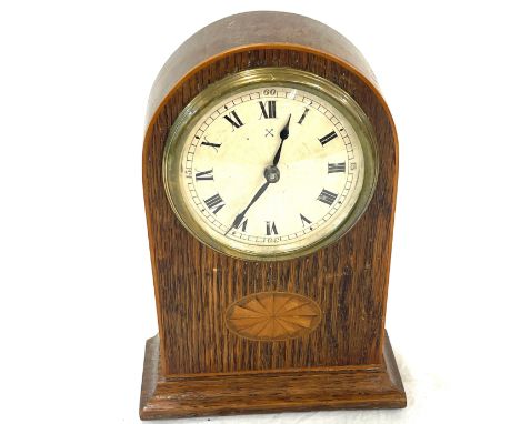 Small inlaid dome mantel clock, 8 inches tall by 6 inches wide, with key 