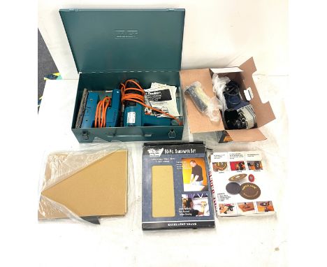 Cased, hot air paint striper, sander and 4.5 inch angle grinder, various sand papers 