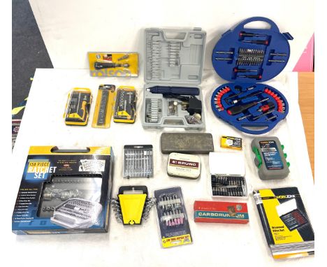 Selection of assorted tools includes 136 piece ratchet set, file set, socket set, alan keys etc 