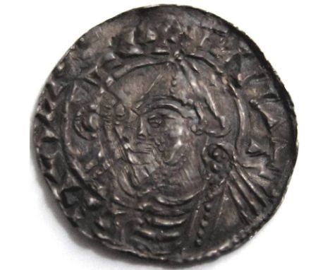 Anglo Saxon, CNUT [1016-35] PENNY. Helmet type – Bridport mint – moneyer – Alfwold. 1.21g. Obv. +CNVT REX, bust left with sce