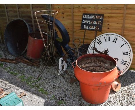 Selection of metal work to include; red painted fire bucket, assorted tubular iron weights, signs, iron beam scales, green pa