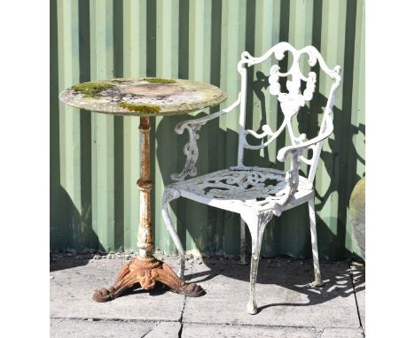 Marble top circular garden table on white painted iron pedestal and tripod base, together with a later white painted metal ga