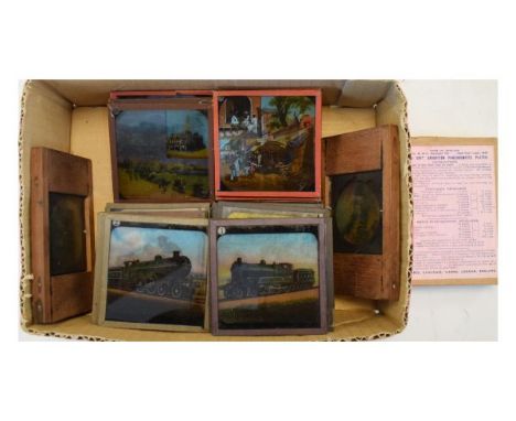 Collection of late 19th/early 20th Century colour printed magic lantern slides, travel, educational, nursery, trains etc   Co