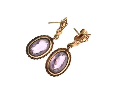 Pair of 9ct gold earrings set amethyst coloured stones, 2.9g approx gross   Condition: 