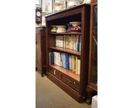 Reproduction mahogany three shelf open bookcase with twin base drawers on plinth   Condition: 