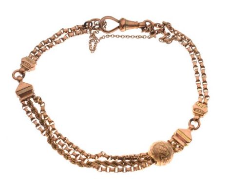 Unmarked yellow metal fancy link bracelet formed from a watch chain, 11.7g approx   Condition: 
