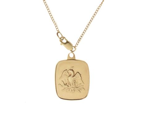 9ct gold pendant decorated with a phoenix in relief and having an unmarked yellow metal chain, 6.7g approx gross   Condition: