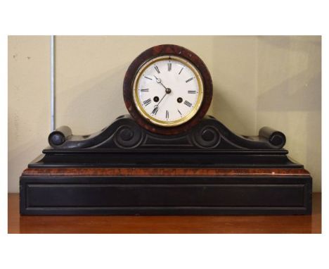 Late Victorian black slate and simulated red marble cased mantel clock, the white enamel dial with Roman numerals   Condition