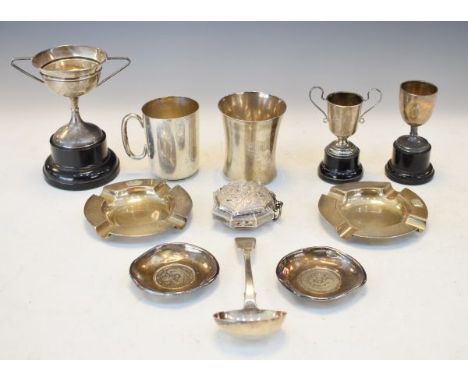 Pair of George V engine turned silver ashtrays, each stamped Gieves Ltd, a George V silver beaker, Birmingham 1926 and variou