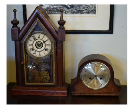 Late 19th Century American temple mantel clock with Roman dial and central alarm dial over coiled gong and bell, together wit