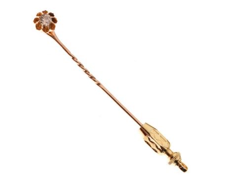 Unmarked yellow metal stick pin set solitaire diamond, 1.5g approx gross   Condition: 