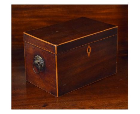 19th Century string inlaid mahogany tea caddy having brass ring drop handles   Condition: 