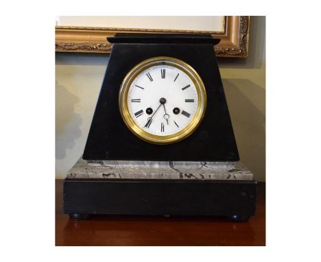 Late 19th Century black and grey slate cased mantel clock, the white enamel dial with Roman numerals, French brass movement s