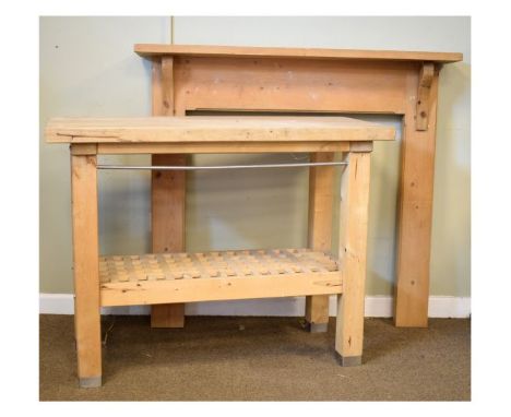 Modern pine butchers block style occasional or kitchen table with lattice under shelf, together with a pine fire surround   C