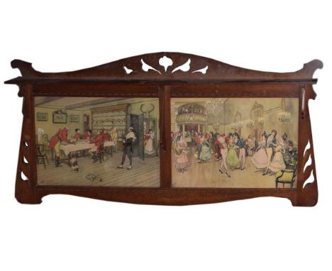 Early 20th Century Arts & Crafts/Art Nouveau oak overmantel with pierced cresting and shelf over two hunting prints in the ma