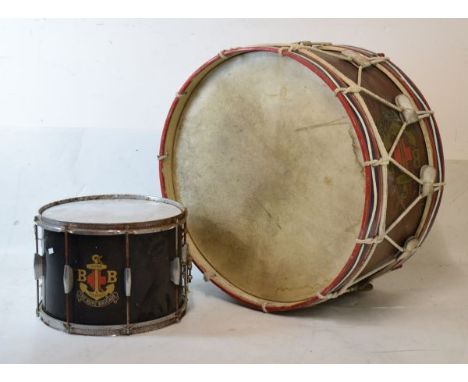 Group of musical instruments comprising: two Boys Brigade drums, seven assorted brass and copper bugles, pair of cymbals, dru