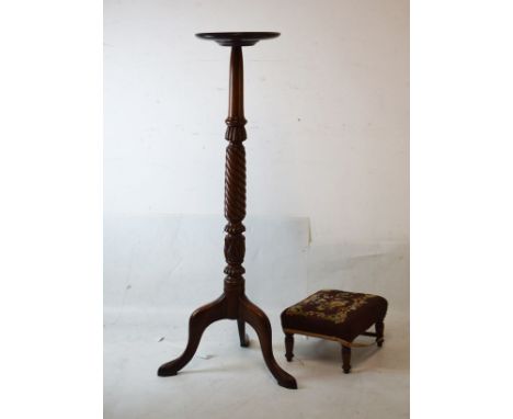 Carved mahogany torchère or lamp stand with dished circular top on spiral carved column and tripod support, together with a 1